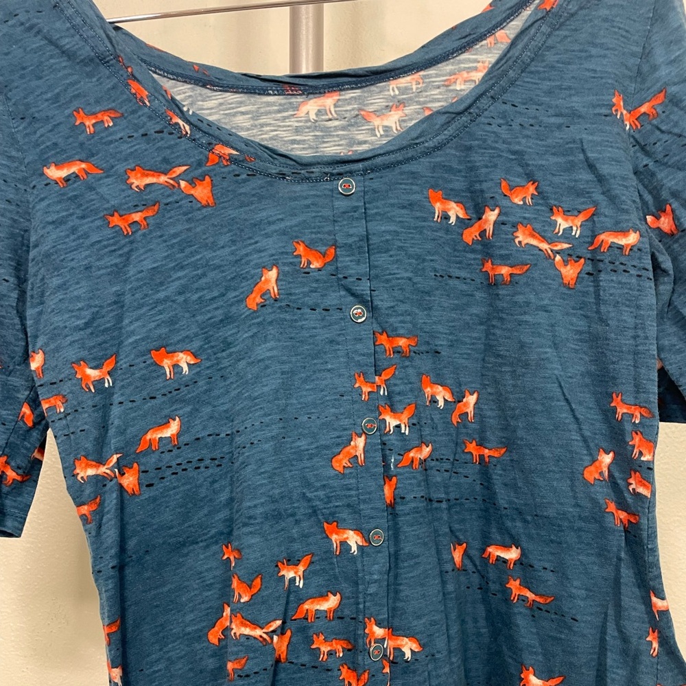 Anthropologie 1/2 sleeve scoop neck blue top w/ orange fox pattern sz XL - Picture 5 of 10